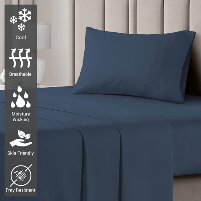 Pizuna Pure 100% Cotton Sheets Twin XL Size, Luxurious 400 Thread Count Long Staple Cotton Sateen Sheets with 15inch Deep Pocket (Combed Dark Blue Sheet Twin XL)