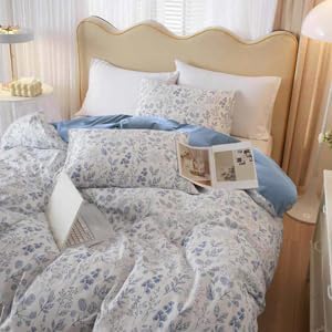 Nanko Floral Duvet Cover Set Queen Size, Blue and White Flower Leaf Print Pattern Bed Set, Soft Microfiber Reversible Comforter Bedding Cover with Zip Tie - Vintage Farmhouse for Women Men, 3Pcs 90x90
