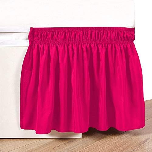 Wrap Around Bed Skirts Elastic Dust Ruffles, Easy Fit Wrinkle and Fade Resistant Silky Microfiber Fabric Solid Color Bedskirt, 12 Inch Tailored Drop Hot Pink for Queen XL Size Bed Skirt