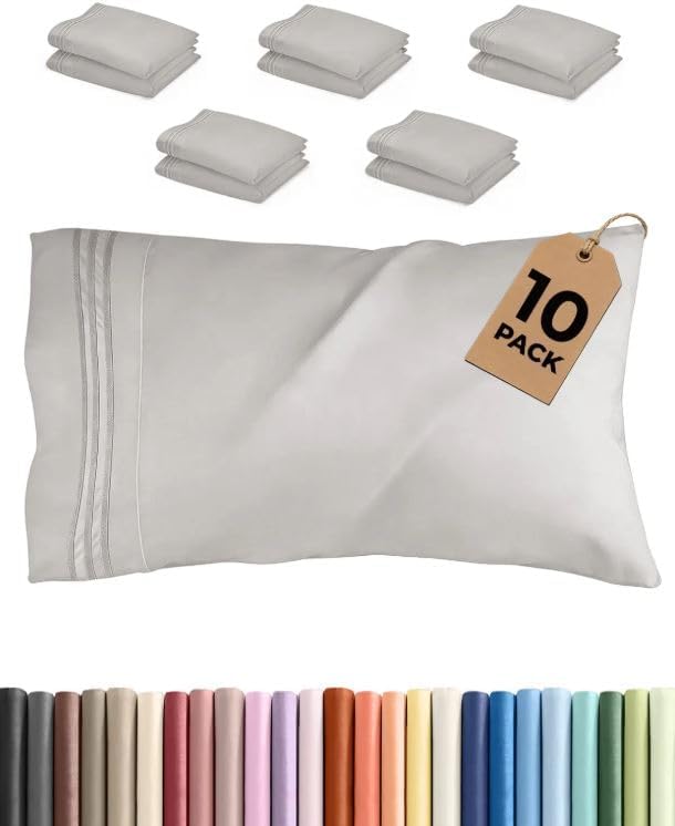 Queen Pillow Cases Set of 10 - Ultra Soft Hotel Quality Pillowcase Covers - Comfy, Cozy & Wrinkle Free - Shrink, Stain & Fade Resistant - Machine Washable Pillow Protectors - 10 Pcs Set - French Grey