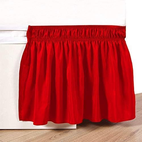 Wrap Around Bed Skirts Elastic Dust Ruffles, Easy Fit Wrinkle and Fade Resistant Silky Microfiber Fabric Solid Color Bedskirt, 12 Inch Tailored Drop Red for RV King Size Bed Skirt
