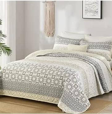 WONGS BEDDING Boho Quilt Set Full Size,Beige Bohemian Striped Patchwork Bedspread Set,3 Pieces Microfiber Bedding Set for All Seasons (78"×90")