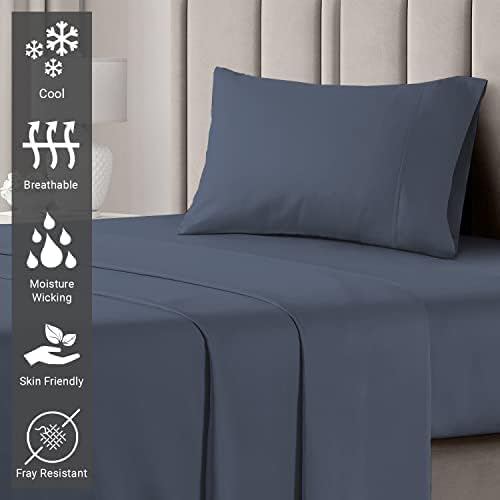 Pizuna Pure 100% Cotton Sheet Set Twin, Luxurious 400 Thread Count Long Staple Cotton Sateen Sheets Twin with 15" Deep Pocket (Dark Blue)