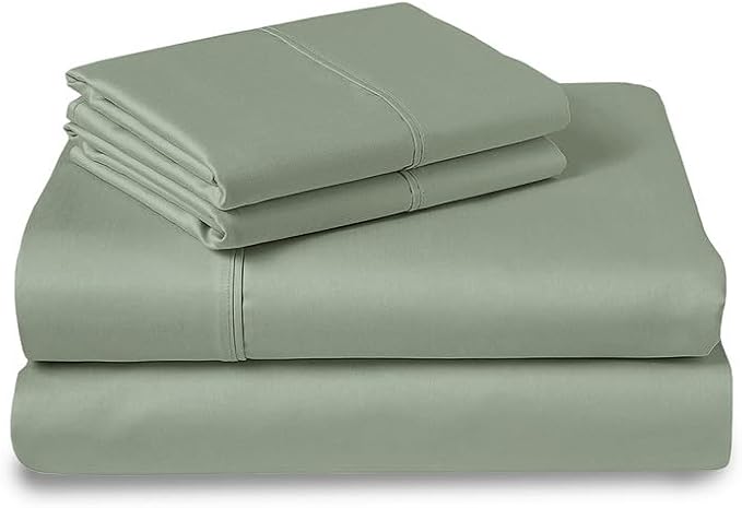 Pizuna Pure 100% Cotton Sheets Queen Size, Luxurious 400 Thread Count Long Staple Cotton Sateen Queen Sheets Set with 15" Deep Pocket (Combed Sea Foam Cotton Sheet Set)
