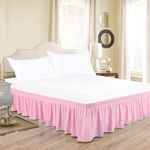 Wrap Around Bed Skirts Elastic Dust Ruffles, Easy Fit Wrinkle and Fade Resistant Silky Microfiber Fabric Solid Color Bedskirt, 12 Inch Tailored Drop Pink for Olympic Queen Size Bed Skirt