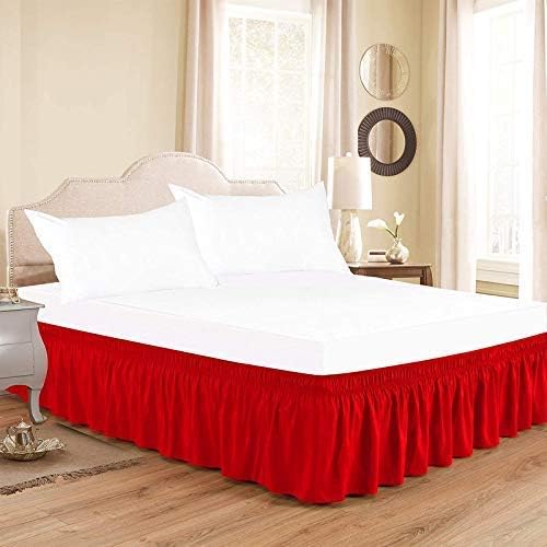 Wrap Around Bed Skirts Elastic Dust Ruffles, Easy Fit Wrinkle and Fade Resistant Silky Microfiber Fabric Solid Color Bedskirt, 12 Inch Tailored Drop Red for RV King Size Bed Skirt