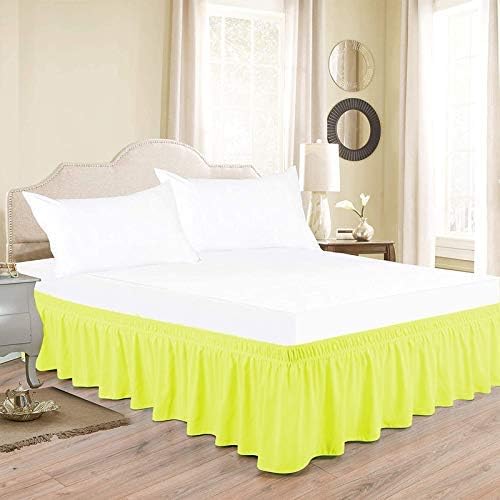 Wrap Around Bed Skirts Elastic Dust Ruffles, Easy Fit Wrinkle and Fade Resistant Silky Microfiber Fabric Solid Color Bedskirt, 12 Inch Tailored Drop Yellow for Olympic Queen Size Bed Skirt