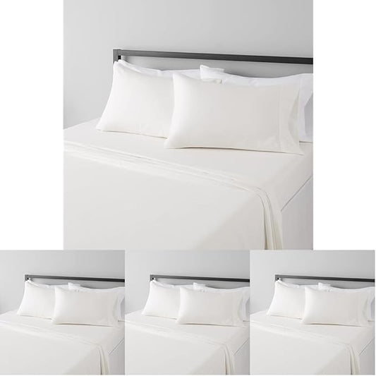Amazon Basics Lightweight Super Soft,Wrinkle-Free,Breathable Microfiber 4 Piece Bed Sheet Set with 14-Inch Deep Pockets,King,Cream,Solid,(Pack of 4)