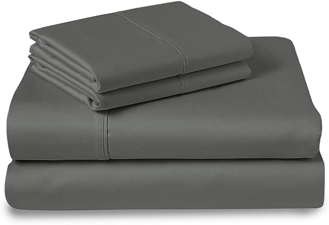 Pizuna Pure 100% Cotton Sheets Full Size, Luxurious 400 Thread Count Long Staple Cotton Sateen Sheets with 15inch Deep Pocket (Combed Dark Grey Sheet Full)
