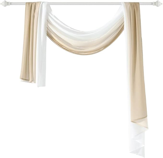 NAPEARL Ombre Window Scarf Valance, Romantic Gradient Voile Scarf Valance for Ceremony Backdrop, Wedding Arch, Kids Bedroom, Decorative Swag Curtain 144 Inches, Beige