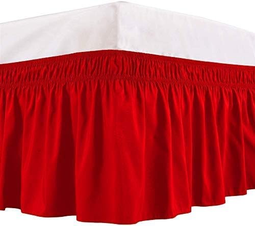 Wrap Around Bed Skirts Elastic Dust Ruffles, Easy Fit Wrinkle and Fade Resistant Silky Microfiber Fabric Solid Color Bedskirt, 12 Inch Tailored Drop Red for Full Size Bed Skirt