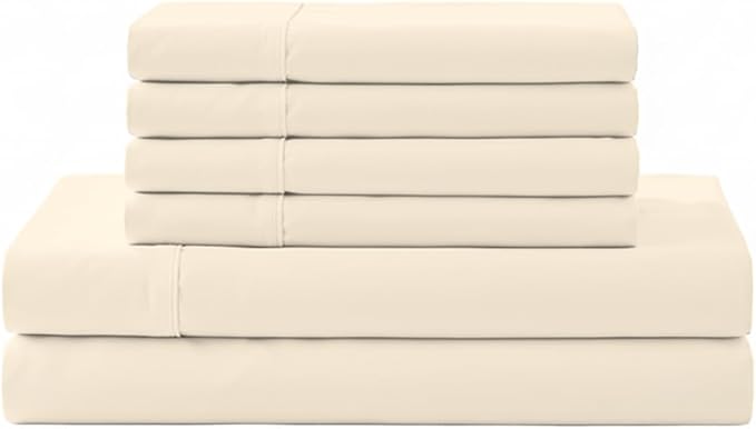 Linen Home 100% Cotton Percale Sheet Set, Cal King Size, Ivory, Deep Pocket, 6 Pieces Set - 1 Flat, 1 Deep Pocket Fitted Sheet and 4 Pillowcases, Crisp Cool and Strong Bed Linen