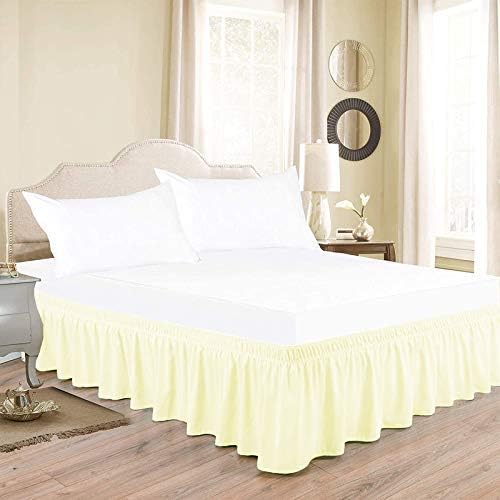 Wrap Around Bed Skirts Elastic Dust Ruffles, Easy Fit Wrinkle and Fade Resistant Silky Microfiber Fabric Solid Color Bedskirt, 12 Inch Tailored Drop Ivory for Full XL Size Bed Skirt