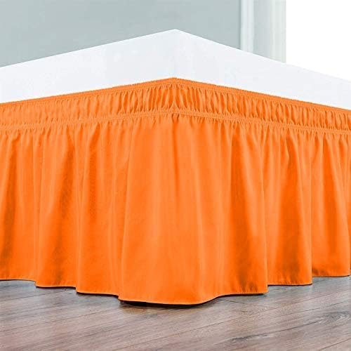 Wrap Around Bed Skirts Elastic Dust Ruffles, Easy Fit Wrinkle and Fade Resistant Silky Microfiber Fabric Solid Color Bedskirt, 12 Inch Tailored Drop Orange for Full XL Size Bed Skirt