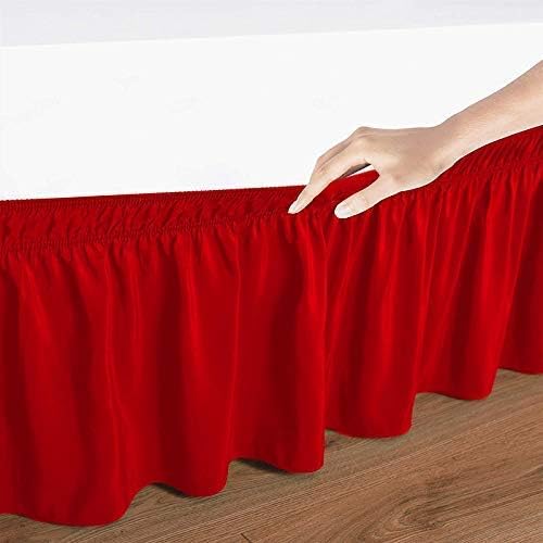 Wrap Around Bed Skirts Elastic Dust Ruffles, Easy Fit Wrinkle and Fade Resistant Silky Microfiber Fabric Solid Color Bedskirt, 12 Inch Tailored Drop Red for RV King Size Bed Skirt