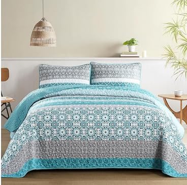 WONGS BEDDING Boho Quilt Set Full Size,Teal Bohemian Striped Patchwork Bedspread Set,3 Pieces Microfiber Bedding Set for All Seasons (78"x90")