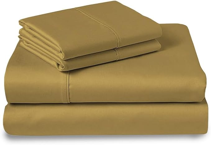 Pizuna Pure 100% Cotton Sheets Full Size, Luxurious 400 Thread Count Long Staple Cotton Sateen Sheets Full with 15" Deep Pocket (Combed Mustard Gold Cotton Sheets Full)