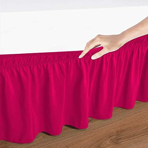 Wrap Around Bed Skirts Elastic Dust Ruffles, Easy Fit Wrinkle and Fade Resistant Silky Microfiber Fabric Solid Color Bedskirt, 12 Inch Tailored Drop Hot Pink for Olympic Queen Size Bed Skirt
