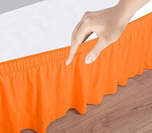 Wrap Around Bed Skirts Elastic Dust Ruffles, Easy Fit Wrinkle and Fade Resistant Silky Microfiber Fabric Solid Color Bedskirt, 12 Inch Tailored Drop Orange for Queen Size Bed Skirt