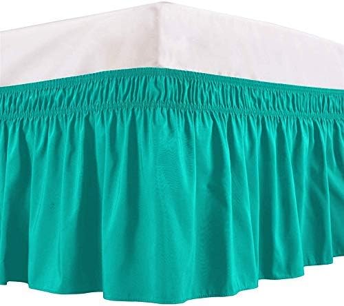 Wrap Around Bed Skirts Elastic Dust Ruffles, Easy Fit Wrinkle and Fade Resistant Silky Microfiber Fabric Solid Color Bedskirt, 12 Inch Tailored Drop Teal for Twin Size Bed Skirt