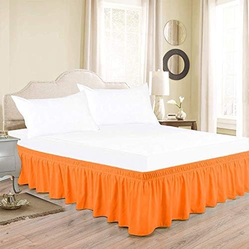 Wrap Around Bed Skirts Elastic Dust Ruffles, Easy Fit Wrinkle and Fade Resistant Silky Microfiber Fabric Solid Color Bedskirt, 12 Inch Tailored Drop Orange for RV Bunk 42X80 Size Bed Skirt
