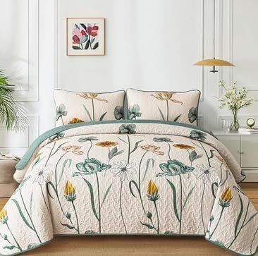 WONGS BEDDING Floral Quilt Set Full,Green Yellow Floral Botanical Bedspread Bedding Set with 2 Pillowcase,Lightweight Spring Farmhouse Coverlet Set for All Season (78"x90")