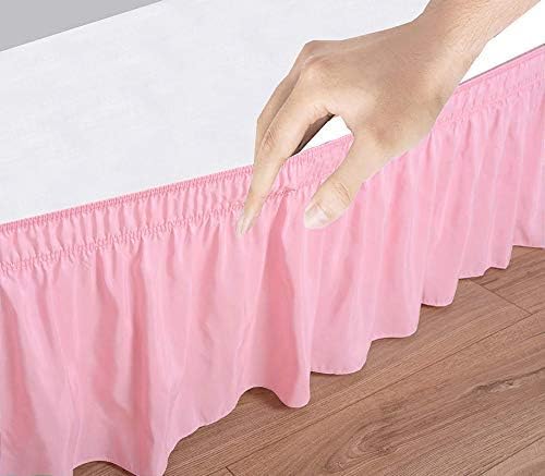 Wrap Around Bed Skirts Elastic Dust Ruffles, Easy Fit Wrinkle and Fade Resistant Silky Microfiber Fabric Solid Color Bedskirt, 12 Inch Tailored Drop Pink for Olympic Queen Size Bed Skirt