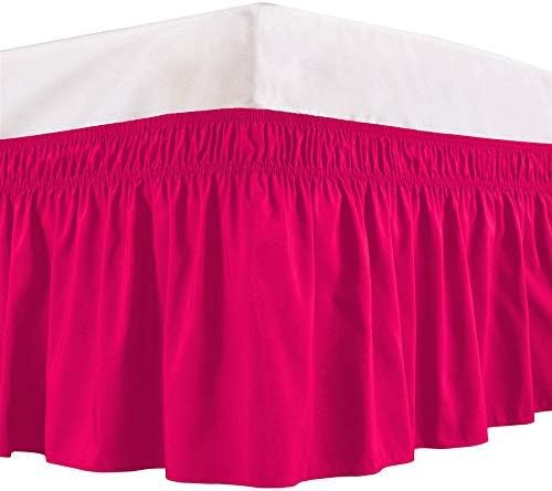 Wrap Around Bed Skirts Elastic Dust Ruffles, Easy Fit Wrinkle and Fade Resistant Silky Microfiber Fabric Solid Color Bedskirt, 12 Inch Tailored Drop Hot Pink for Full Size Bed Skirt