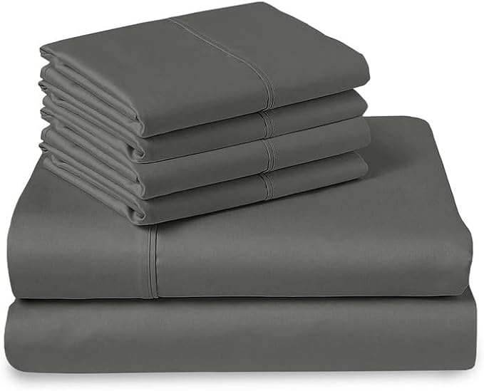 Pizuna Pure 100% Cotton Queen Size Sheet Set Dark Grey, Luxurious 400 Thread Count Long Staple Cotton Sateen Sheets with 15" Deep 2 Extra Pillowcase (Combed Cotton Bed Sheet Set)