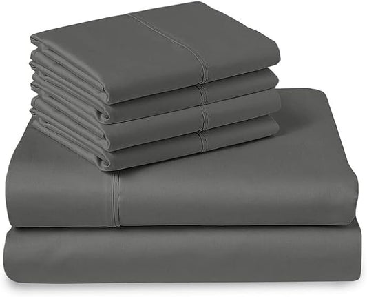 Pizuna Pure 100% Cotton Queen Size Sheet Set Dark Grey, Luxurious 400 Thread Count Long Staple Cotton Sateen Sheets with 15" Deep 2 Extra Pillowcase (Combed Cotton Bed Sheet Set)