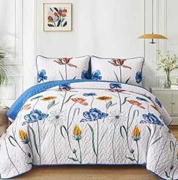 WONGS BEDDING Blue Quilt Set Full Size,Cute Floral Botanical Bedspread Bedding Set with 2 Pillowcase,Lightweight Farmhouse Coverlet Set for All Season (78"x90")