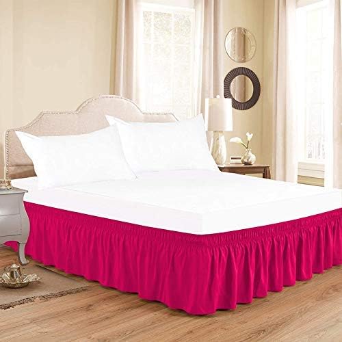 Wrap Around Bed Skirts Elastic Dust Ruffles, Easy Fit Wrinkle and Fade Resistant Silky Microfiber Fabric Solid Color Bedskirt, 12 Inch Tailored Drop Hot Pink for Olympic Queen Size Bed Skirt