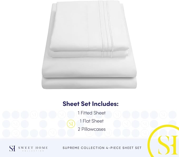 RV Queen Bed Sheets - Breathable Luxury Sheets with Full Elastic & Secure Corner Straps Built In - 1800 Supreme Collection Extra Soft Deep Pocket Bedding Set, Sheet Set, RV Short Queen, White
