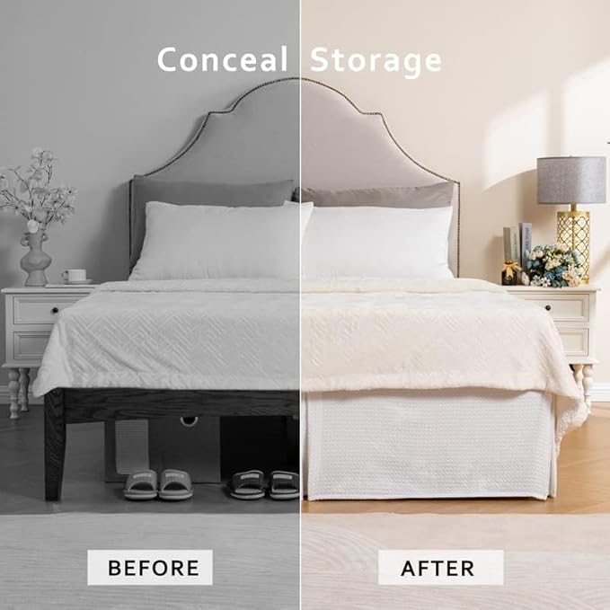 MIYE Pleated Waffle Weave Bed Skirt, Tailored Dust Ruffle 16 Inch Drop Easy Fit, Machine Washable (White,Cal King - 16" Drop)