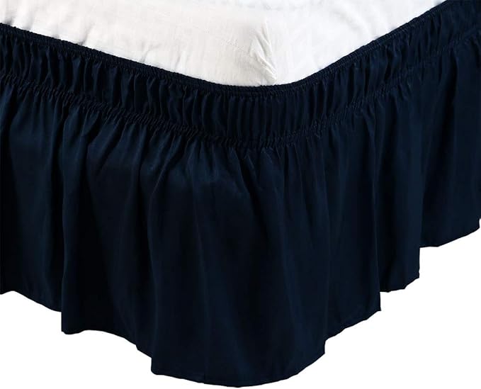 Bed Skirt - Wrap Around Bed Skirts Elastic Dust Ruffles, Easy Fit Wrinkle and Fade Resistant Luxurious Fabric Solid Color, Navy Blue RV Bunk 42X80 Size Beds 15 Inch Drop