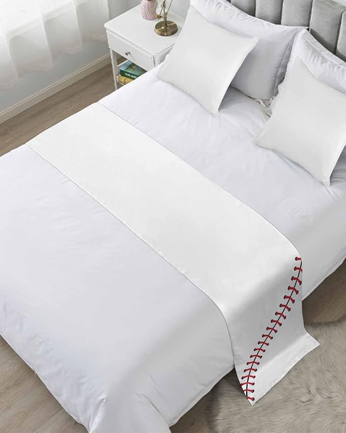 Baseball Sports Texture Bed Runners for Bedroom Hotel,Decorative Bedding Scarf White Red Lines Bed End Blanket Bedding Runner Scarves for King Size Bed,102x20in