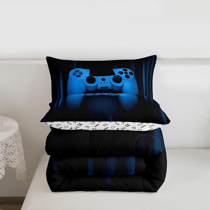 Feelyou Boys Gamer Comforter Set Queen Size Bedding Set for Kids Gaming Comforter Blue Black Video Games Gamepad Room Decor for Teens Child Super Soft Geometric Duvet Quilted Son Grandson Gift