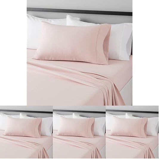 Amazon Basics Lightweight Breathable Wrinkle Resistant Brushed Microfiber 3 Piece Bed Sheet Set with 14-Inch Deep Pockets,Twin,Blush Pink,Solid,(Pack of 4)