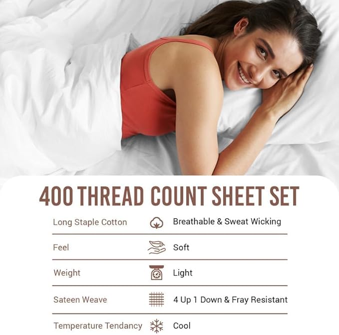 Pizuna Pure 100% Cotton Queen Size Sheet Set White, Luxurious 400 Thread Count Long Staple Cotton Sateen Sheets with 15" Deep 2 Extra Pillowcase (Combed Cotton Bed Sheet Set)