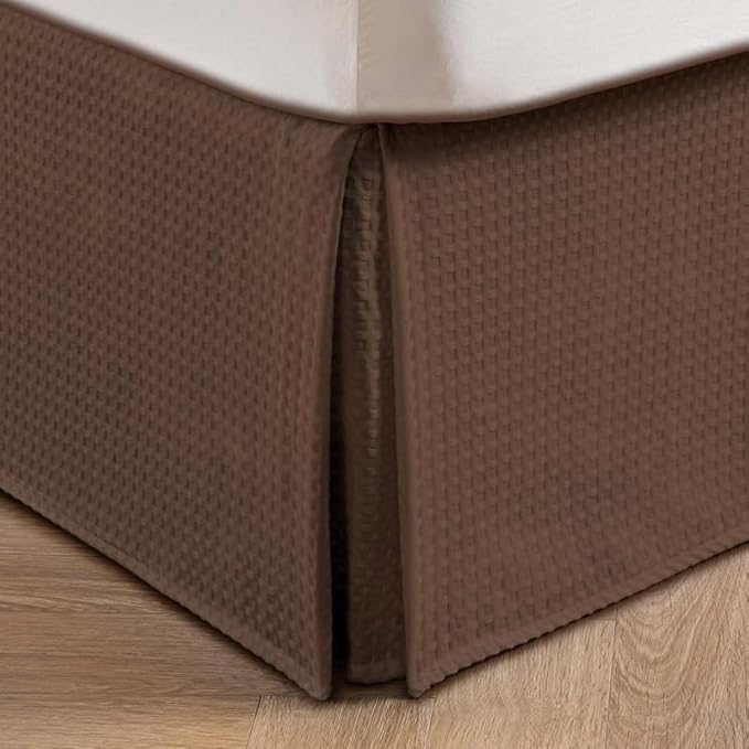 MIYE Pleated Waffle Weave Bed Skirt, Tailored Dust Ruffle 12 Inch Drop Easy Fit, Machine Washable (Brown, Queen - 12" Drop)
