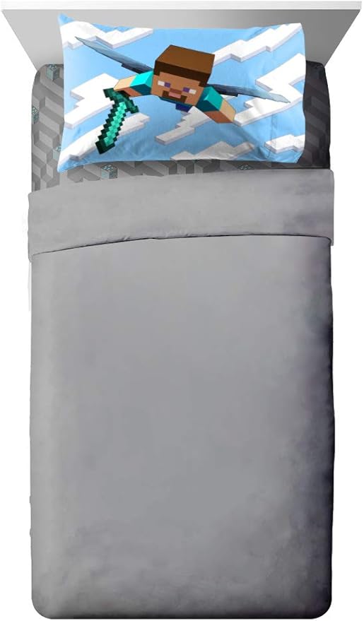 Jay Franco Minecraft Daytime 5 Piece Twin Bed Set - Includes Comforter & Sheet Set - Bedding Features Alex and Steve - Super Soft Fade Resistant Microfiber - (Official Minecraft Product)