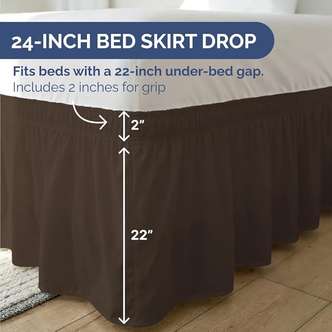 Wrap Around Dust Ruffle Bed Skirt - Brown - for King Size Beds with 24 Inch Drop - Easy Fit Elastic Strap - Adjustable Pleated Bedskirt w/Brushed Fabric - Wrinkle Free - for Women, Men, Kids & Teens