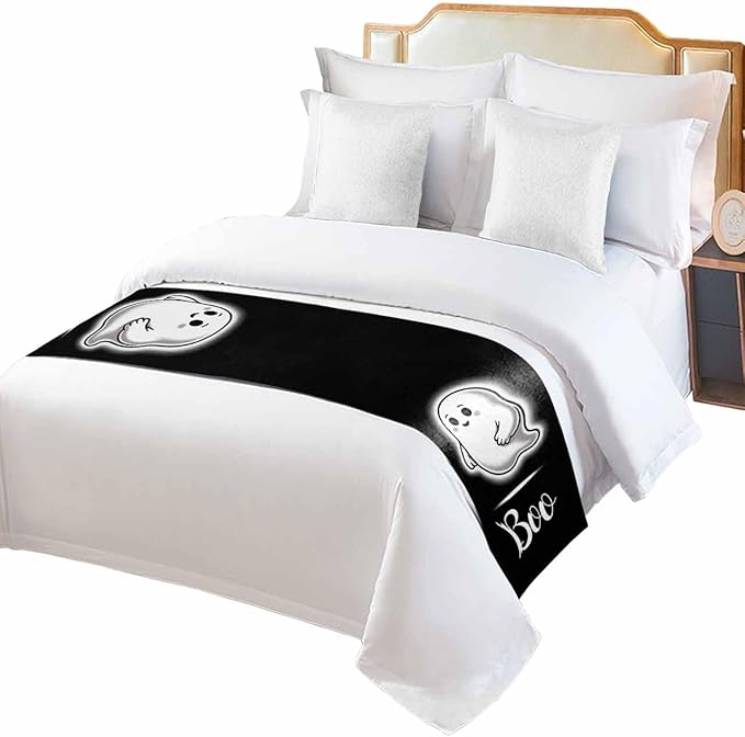 Halloween Cute Ghost Boo Bed Runners for Bedroom Hotel,Decorative Bedding Scarf Black and White Bed End Blanket Bedding Runner Scarves for Queen Size Bed,94x20in