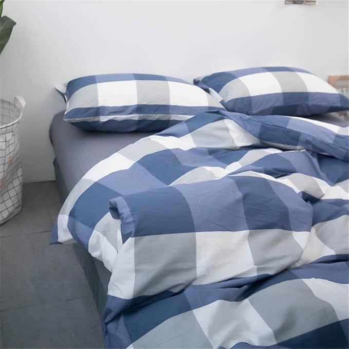 LifeTB Blue White Plaid Duvet Cover Twin XL Modern Soft Cotton Plaid Comforter Cover Simple Style Plaid Grid Duvet Cover with 2 Pillowcases Boho Checkered Bedding Comforter Cover with Zipper Closure