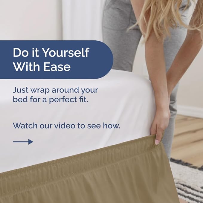 Wrap Around Dust Ruffle Bed Skirt - Beige - for King Size Beds with 24 Inch Drop - Easy Fit Elastic Strap - Adjustable Pleated Bedskirt w/Brushed Fabric - Wrinkle Free - for Women, Men, Kids & Teens