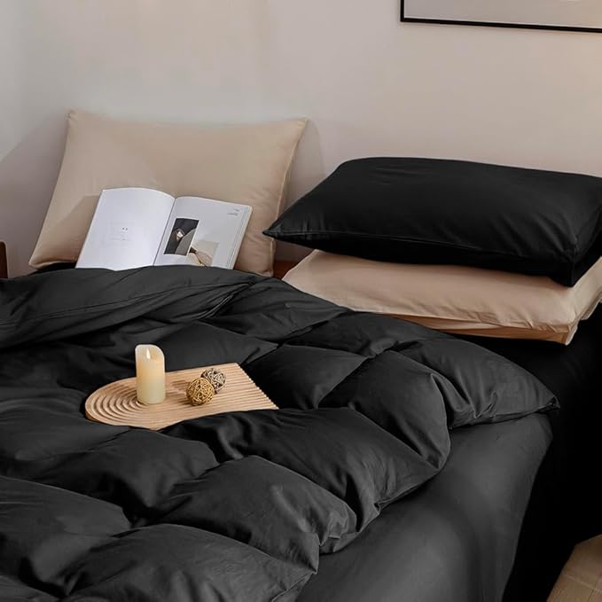 JELLYMONI Cotton Duvet Cover California King - 100% Washed Cotton Linen Like Textured Comforter Cover, 3 Pieces Soft Bedding Set with Zipper Closure (Black, Cal King 104"x98")