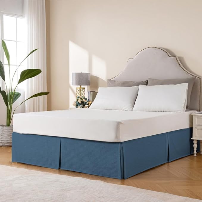 MIYE Pleated Waffle Weave Bed Skirt, Tailored Dust Ruffle 18 Inch Drop Easy Fit, Machine Washable (Blue, King - 18" Drop)
