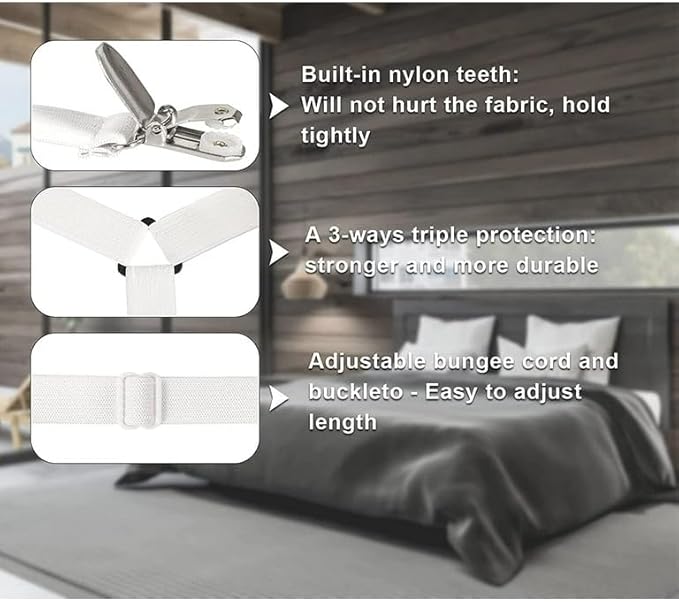 6 Ways Heavy Duty Sheet Holders Keep Sheets Firm and Tight - Sheet Clips, Bed Sheet Holders for Corners, Mattress Straps to Hold Sheets in Place, Bed Sheet Clips (White, 6 Way Bed Straps)