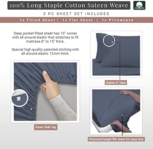 Pizuna Pure 100% Cotton Sheet Set Twin, Luxurious 400 Thread Count Long Staple Cotton Sateen Sheets Twin with 15" Deep Pocket (Dark Blue)