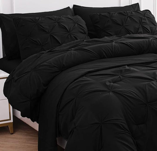 LANE LINEN Bed in a Bag King Size Comforter - 7 PCs Pintuck Modern Comforter Set - Breathable All-Season King Size Bed Set with Sheets, Pillowcases & Shams - Durable Oversized Bedding Sets - Black | Oversized fit, Breathable sleep, Durable daily use, L...